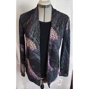 JM Collection Petite Women's Black Feather‎ Strokes Metallic Print NWT Top